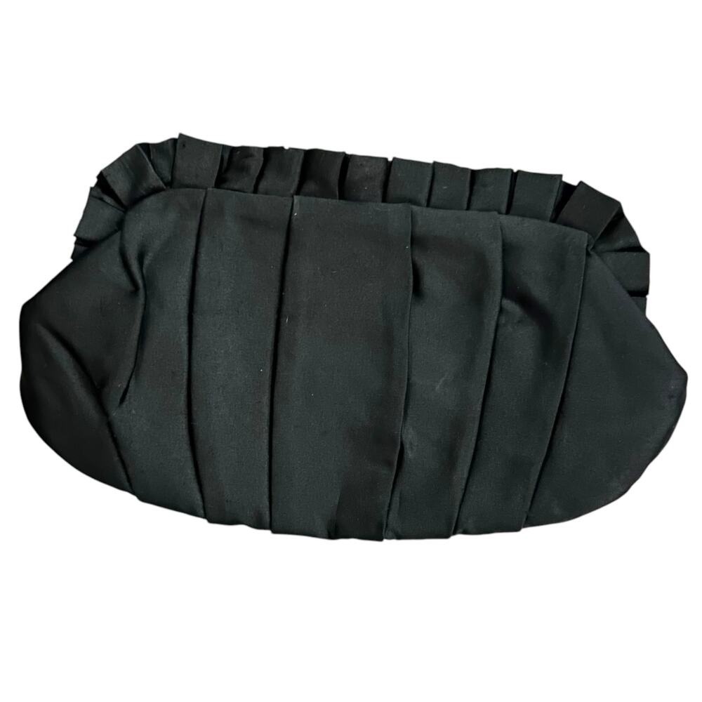 Black Satin Pleated Ruffle Clutch